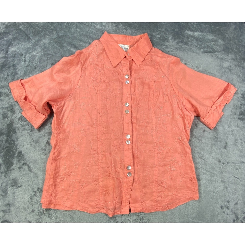 Vintage Caren Sport Blouse Top Womens XL Pink Salmon Floral 100% Linen Summer‎
